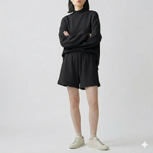 <b>Mock</b> <b>Neck</b> <b>Top</b> With Shorts Sync Set Women Warm Cozy Comfort Blend Comfortable Everyday Style Modern Apparel - Product Image 1