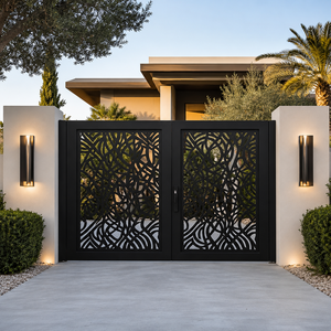 Puerta de entrada doble moderna de metal negro con un intrincado patrón cortado a láser y un elegante estilo exterior residencial contemporáneo. - Product Image 1