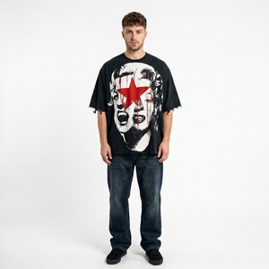 T-shirt en coton tricoté à manches courtes, col rond, coupe oversize, imprimé graphique, style streetwear, délavé à l'acide, vintage, épaules tombantes, coupe ample - Product Image 6