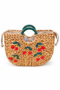 Sac fourre-tout tissé à la main en jacinthe d'eau ARUNI CHERRY avec broderie florale, sac à bandoulière écologique pour femme, sac de plage bohème d'été - Product Image 2