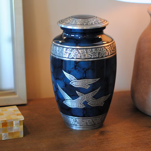 Blue Aluminum Cremation Urn Metal Memorial <b>Keepsake</b> Casket with Silver Pattern Custom Printing <b>for</b> Adult <b>Ashes</b> - Product Image 1