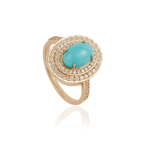 Trendy Handmade Design Cabochon Cut <b>Turquoise</b> & Diamond Double Cluster <b>Ring</b> For Wedding December Birthstone 14K Yellow Gold - Product Image 3