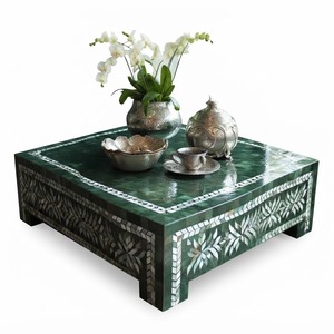 Mesa de centro clásica verde con incrustaciones de hueso, mesa central cuadrada de madera personalizada con un adorno floral elaborado para decoración del hogar, hoteles y villas. - Product Image 3