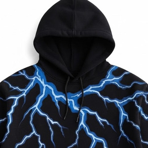 Sweat-shirt à capuche noir pour homme avec imprimé éclair, pull-over bleu en molleton de coton avec poche, décontracté, automne - Product Image 6