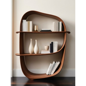 Modern Curved Teak Wood Bookshelf <b>Open</b> Storage Display Rack for Stylish Home Interior Furniture - Product Image 1