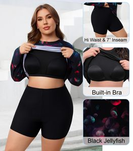 Custom Women Two Piece Rash Guard <b>Swimsuit</b> <b>Long</b> <b>Sleeve</b> Top With Tropical Print Shorts For Swimming Beach And Surf - Product Image 6