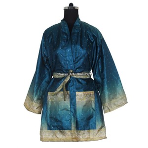 KS015 Kimono Vintage de Seda con Manga Corta, Estilo Sari, Vestido Corto Bohemio, Kimono Vintage, Vestido Corto de Dama de Honor, Estilo Bohemio - Product Image 3