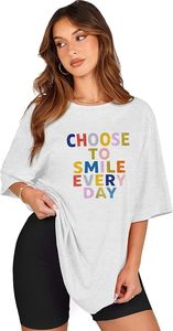 เสื้อยืดผ้าฝ้ายเจอร์ซีย์คอกลมแขนสั้นสีเทาสำหรับผู้หญิง พิมพ์ลาย "เลือกยิ้มทุกวัน" สวมใส่สบายๆ สำหรับฤดูใบไม้ผลิและฤดูร้อน - Product Image 2