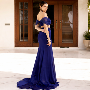 Royal Blue Shoulder Corset Gown Straight Silhouette | Backless Designer <b>Sequin</b> Embroidered Crop <b>Top</b> Organza Fishtail Skirt - Product Image 4