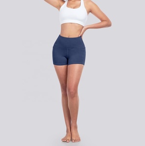 Pantalones cortos deportivos de Yoga azules de cintura alta en forma de V para mujer, sin costuras, de secado rápido, 100% de poliéster, para correr, cintura elástica sólida - Product Image 1