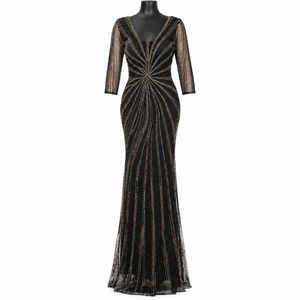 Schwarzes und goldenes Meerjungfrauen-Abendkleid mit metallischer Sternenstickerei |   Bodenlange formelle Partykleider mit Dreiviertelärmeln - Product Image 1