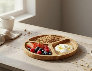 Round Wooden Divided 3 Section <b>Snack</b> <b>Tray</b> Ash Wood Serving Platter Rustic Portable Catering Charcuterie Board - Product Image 2