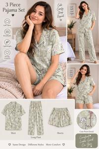 Conjunto de Pijama de Algodón de 3 Piezas para Mujer, Manga Corta, Corte Holgado, Cuello Cuadrado, Casual, Ecológico, Antiestático, para Todas las Temporadas - Product Image 5