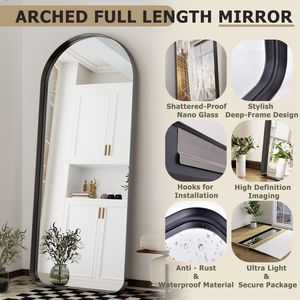 Miroir sur pied arqué pleine longueur 21x64 pouces, coins arrondis, cadre profond, fait main, en bois rustique noir - Product Image 5