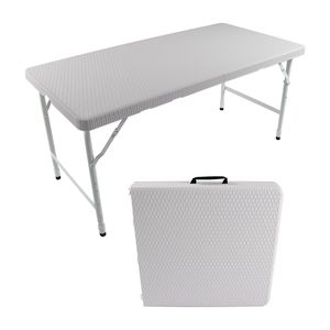 Tavolo Pieghevole Portatile in Rattan Bianco da 4 Piedi per Interni ed Esterni con Design Intrecciato - Product Image 1