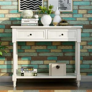 Consolle Tradizionale in Teak Bianco Avorio con Due Cassetti e Ripiano Inferiore per Ingresso o Appartamento, Tavolino Laterale per Arredamento Casa - Product Image 2