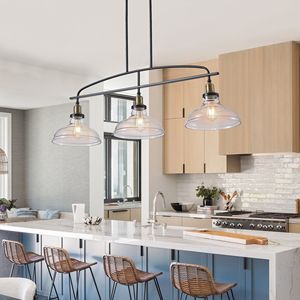 Lampadario a sospensione moderno in stile industriale da 45 pollici con 3 luci, paralumi in vetro trasparente e struttura in metallo nero regolabile - Product Image 5