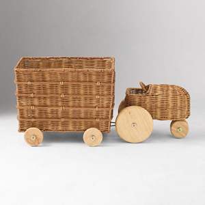 Tracteur et benne de transport artisanaux en rotin naturel pour enfants, véhicule de ferme tressé avec roues en bois roulantes pour les enfants - Product Image 4
