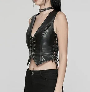 Gilet de moto en cuir sur mesure pour femme, sans manches, col en V, poches avant, coutures durables, coton, imperméable, écologique - Product Image 6