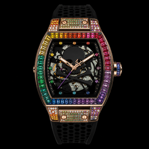 Reloj de pulsera de lujo para hombre con diseño de calavera y gemas de arcoíris, correa de caucho negra y caja de oro rosa, estilo hip hop - Product Image 2