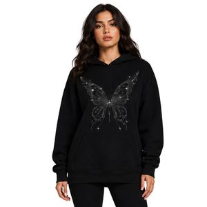 Sudadera con Capucha Extra Grande Personalizada con Pedrería Negra en Forma de Mariposa para Mujer, Sudadera con Capucha de Felpa de Algodón Premium, Informal para Invierno - Product Image 1
