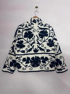 Ethnic White Cotton Embroidered Suzani Jacket with <b>Black</b> Floral Pattern Full Sleeve Stand Collar Handmade Bohemian <b>Winter</b> <b>Coat</b> - Product Image 4