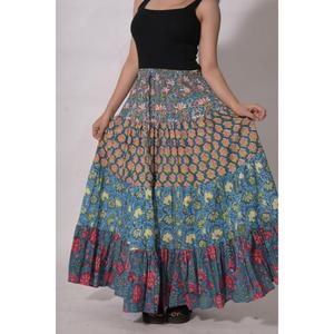 กระโปรงยาวผ้าฝ้ายปะติดปะต่อทำมือ ลายบล็อกพิมพ์สไตล์โบฮีเมียน กระโปรงแม็กซี่วินเทจสไตล์ชาติพันธุ์ สำหรับผู้หญิงใส่ในเทศกาล - Product Image 1