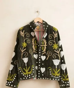 Luxury Green <b>Velvet</b> Floral Embroidered Suzani Jacket Full Sleeve Stand Collar Handmade Bohemian Style Autumn <b>Women's</b> <b>Coat</b> - Product Image 1