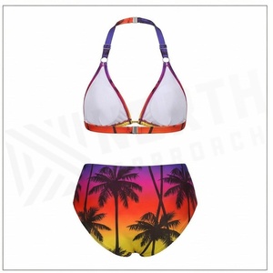 Conjunto de Bikini de 2 Piezas con Estampado de Palmeras Tropicales para Mujer, Cuello Halter, Cintura Alta, Traje de Baño de Spandex y Poliéster Elástico para Playa - Product Image 2