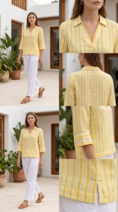 Chemise décontractée en coton rayé jaune pour femmes, col en v, manches 3/4, respirante, coupe régulière, haut d'été - Product Image 1