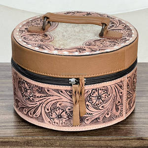Nouvelle boîte à bijoux ronde en cuir pleine fleur, style vintage, avec gravures florales, durable, pour le rangement des bijoux - Product Image 4