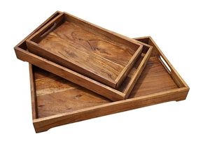 Acacia Wood <b>Rustic</b> Rectangle Serving Tray with Carved Storage Organizer for Kitchen and Living Room - Product Image 2