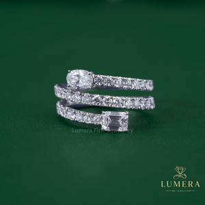 Luxury Oval And Emerald Cut Diamond <b>Ring</b>, Mixed Shape <b>Two</b> <b>Stone</b> Bypass Design With Curved Pave Swirl Shank Anniversary <b>Ring</b> - Product Image 4