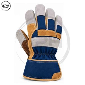Guantes de Trabajo de Cuero Azul Marino, Color Bronceado y Gris con Parche de Refuerzo en el Pulgar, Palma Reforzada y Puño Ancho Personalizados - Product Image 3