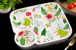 Bols de service en céramique florale avec poignées en bois, compatibles lave-vaisselle, design moderne, vaisselle de fête écologique - Product Image 5