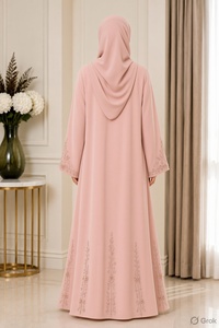 Abaya rose à col ouvert, robe longue modeste à manches longues, robe islamique brodée pour femmes, à porter au quotidien - Product Image 3