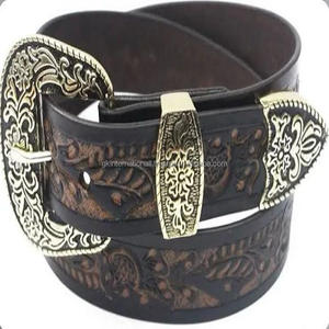 Luxury Hand Carved Floral Embossed Designer Western <b>Leather</b> Tooling <b>Belt</b> for Unisex with 3 Piece Stylish Antique Buckle & Loop - Product Image 1