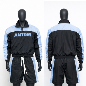 ชุดเซ็ตแจ็คเก็ตวินด์เบรกเกอร์สองชิ้นสำหรับผู้ชาย ผ้าไนลอนโพลีเอสเตอร์ สตรีทแวร์ ปักลาย สีตัดกัน ชุดกีฬา กางเกงขาสั้น - Product Image 4