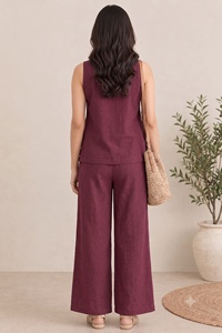 <b>Women's</b> Two Piece <b>Linen</b> <b>Set</b> Sleeveless O-Neck Top With Wide Leg Pants Loose Fit Solid Color Casual Spring Summer Wear - Product Image 2