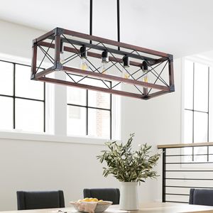 Lámpara Colgante Industrial de Madera Roja de 32 Pulgadas con 5 Luces para Comedor, Isla de Cocina, Decoración de Cafetería - Product Image 3