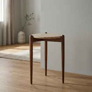 Modern Round Marble Top Side Table Midcentury Wood Base Handmade Living Room Furniture - Product Image 2
