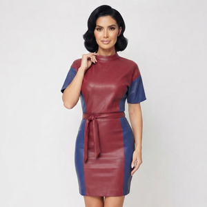Vestido de Mujer Ecológico de Piel Sintética con Cuello Alto de Encaje, Manga Corta, Cierre Trasero con Cremallera, Ajuste Ceñido, Silueta Mini Lápiz - Product Image 6