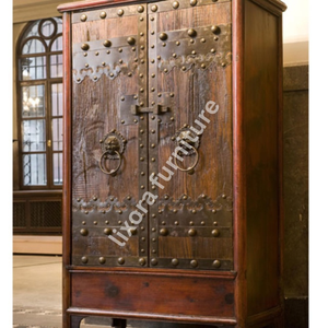 Luxury Handcrafted Solid Wood 2 <b>Door</b> Wardrobe Antique Brass Studded <b>Rustic</b> Reclaimed Oak Armoire - Product Image 5