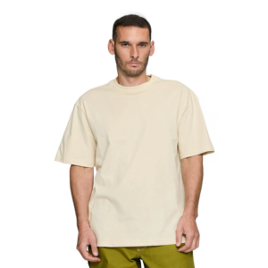 T-shirt en coton crème surdimensionné pour homme, manches courtes, col rond, jersey uni décontracté, style streetwear tricoté - Product Image 1
