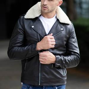 Nueva chaqueta negra RTS con logotipo personalizado para hombre, con cuello de piel, estilo vintage, chaqueta de cuero para hombre, chaqueta streetwear, chaqueta de invierno de alta calidad - Product Image 1
