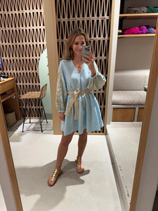 Robe longue bohème ample à col en V pour femme, bleu clair, brodée, manches 3/4, imprimé floral, à franges, été, plage, 100% coton - Product Image 3