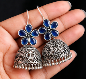 Blue Onyx Flower Oxidized <b>Silver</b> Brass Trendy Drop <b>Earrings</b> for Women Party Wholesale Supplier - Product Image 3