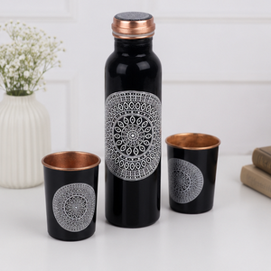 Ensemble de bouteilles en verre gravées de mandalas noirs brillants de qualité supérieure, thermos de voyage portable, design bohème noir et or - Product Image 3