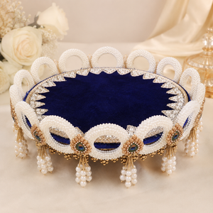 Handmade Royal Blue Velvet <b>Wedding</b> Ring Platter Pearl Beaded Decorative Engagement Tray for Bridal Ceremony Decor - Product Image 3