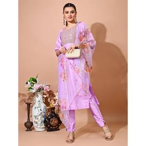Vêtements de cérémonie en soie brodée haut bas avec dupatta lavande - Product Image 1